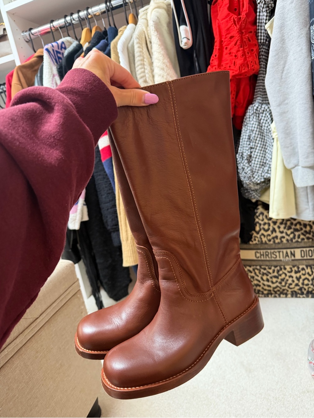 REVOLVE Brown Leather Mid-Calf Heeled Boots - Picture 1 of 4